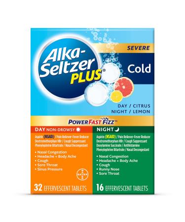 Alka-Seltzer Plus Severe, Cold Day Night Medicine for Adults, PowerFast Fizz Effervescent Tablets, Fast Relief of Nasal Congestion, Sinus Pressure, Runny Nose, Cough, Sore Throat & Fever, 48ct