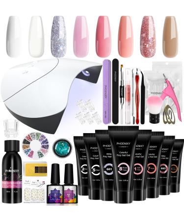 Poly Nail Gel Kit, Phoenixy 8 Colors Poly Nail Extension Gel Kit with 36W LED U V Nail Lamp Poly Extension Manicure Starter Kit Nail Art Tools Gift for Women Bahamas Sand Beach