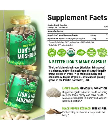 Maju Organic Lions Mane Mushroom Capsules 90ct | Fruiting Bodies Steam Extract | Organic Mushrooms with Black Pepper Extract | Hericium Erinaceus - Buy Online on GoSupps.com