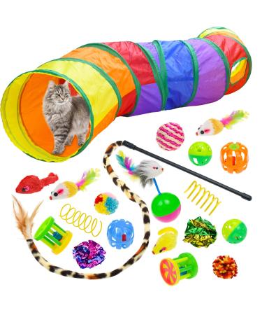 Malier Cat Toys Kitten Toys Set, Collapsible Cat Tunnels for Indoor Cats, Interactive Cat Feather Toy Fluffy Mouse Crinkle Balls Toys for Cat Puppy Kitty Kitten Rabbit A-Rainbow