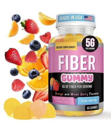 Helix Heal Prebiotic Fiber Gummies for Adults - 5g Fiber per Serving (Chicory Root/Inulin) Digestive Health & Regularity Support Orange & Mixed Berry Flavor 3 Gummies/Serving 60CT