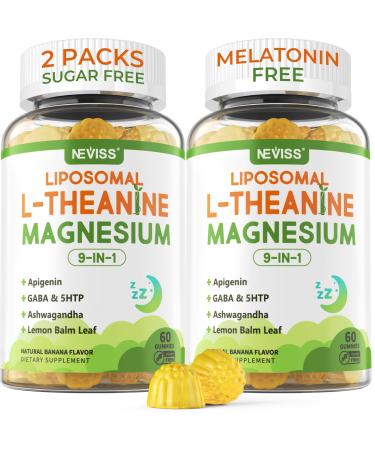 Liposomal L-Theanine 200mg Magnesium Glycinate 400mg Gummies with GABA 5HTP Apigenin Vitamin B6 & D3 Ashwagandha Lemon Balm Leaf Melatonin Free Sleep Chewable for Relax Mood & Muscle 2 Packs Pack of 2