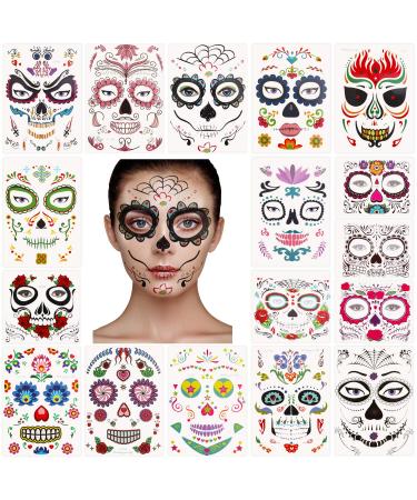 17 Sheets Day of the Dead Face Tattoo Halloween Temporary Tattoos Skull Face Tattoo Red Rose Mask Tattoo for Halloween Party Favor - Buy Online on GoSupps.com