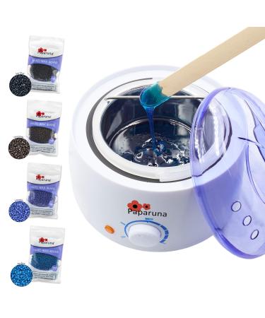 Wax Warmer Waxing Kit for Hair Removal At Home Adjustable Temperature Wax Heater Four 100g Bags Hard Beans Wax Beads Application Spatulas Included Vented Cover Auto Shut-Off Function