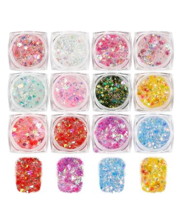 12 Colors Chunky Fine Body Glitter  Face Nail Glitter Sequins  Holographic Glitter for Eyes Hair Lipgloss  Self-adhesive Mixable Makeup Glitter for Festival Carnival Halloween Party(Not Loose Glitter) 1