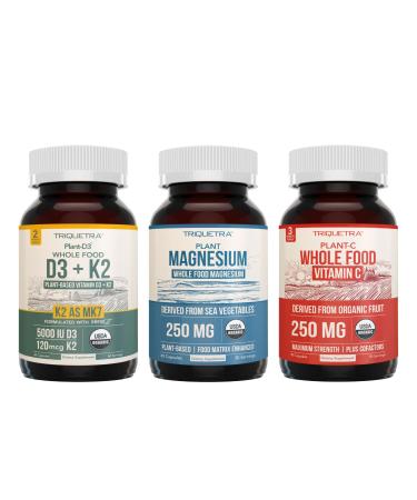 Magnesium (60 ct) Plant D3 5000 IU + K2 MK-7 (60 ct) & Whole-Food Vitamin C (90 servings) Bundle | Vegan Supplements for Energy Muscle & Immune Support | USDA Organic Non-GMO Gluten-Free