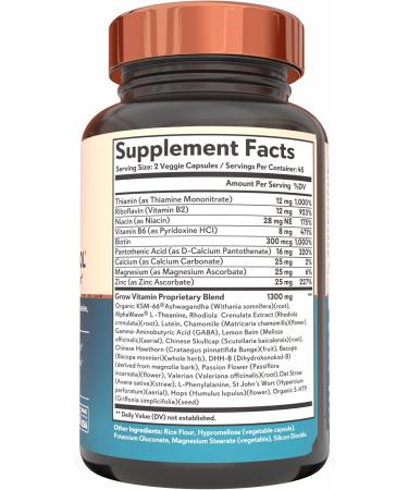 grow vitamin Cortisol Support, Organic KSM-66 Ashwagandha, AlphaWave L-Theanine, GABA, Magnesium, 90 Capsules - Buy Online on GoSupps.com