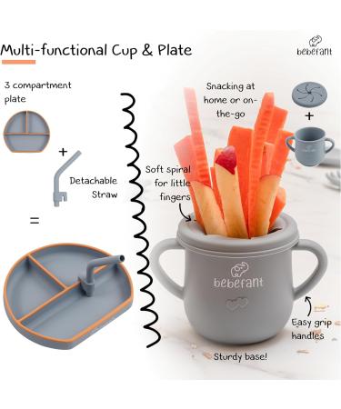 Bebefant Baby Weaning Set: Suction Bowl, Plate, Cup, Bib, Fork & Spoon for Baby Led Weaning - Grey & Orange - Large Set - Buy Online on GoSupps.com