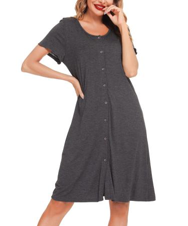 Lovasy Women's Nightdresses&Nightshirts Soft Nighties for Women Maternity nightdress Ladies Button Down Nightdress Nighties Nursing Labour Night Dress with Pockets Dark Gray XXL