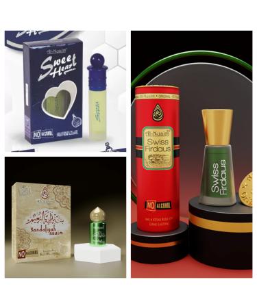 (Pack Of 3) Ittar Oriental Itr Perfume 6-ML Unisex Attar Long Last Fragrance No Alcohol Atar Sweet Indian-Arabic Tone. (Sandaliyah swiss Firdous Sweet Heart)