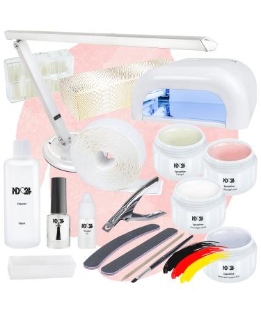 ND24 NAILDESIGN-Gelnail starter set with UV sticky gel assembly gel French gel sealing gel UV lamp studio electronics & accessories-complete set for beginners-GELE MADE in Germany & Vegan Starter Set + Electronics + Gel