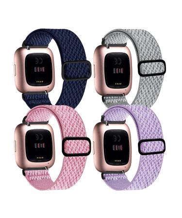4 Pack Stretchy Bands Compatible with Fitbit Versa/Fitbit Versa Lite/Fitbit Versa 2 Bands Women Men, Adjustable Elastic Soft Loop Nylon Breathable Replacement Straps for Versa Smartwatch Wristband Dark blue + Light gray + Pink + Light purple