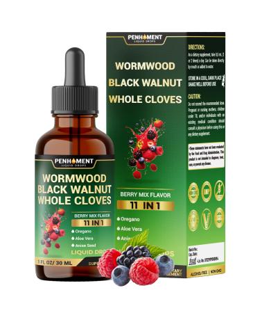 Penhoment 10in1 Wormwood Tincture - Black Walnut, Whole Cloves, Reishi Mushroom & 4 More - Wormwood Liquid Drops - 1 FL OZ for 2 Months Supply - Berry Mix Flavor