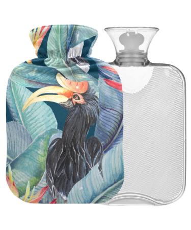 NAANLE hot water bottle with cover palm leaf hornbill bird transparent hot water bottle 1l heat bottle for pain relief back hand feet heat warmth and cold therapy