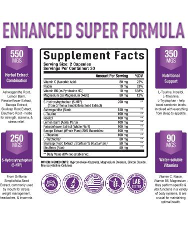 Premium 5-HTP Plus 250mg - Sleep Aid & Mood Boost Supplement with Vitamin B6 - Stress Relief & Calmness - Gluten Free & Non-GMO - 60 Veg Caps - Buy Online on GoSupps.com