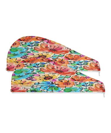 Bright Painting Flowers Dry Hair Cap 2 Piece Quick Drying Towel Set with Button Headband Super Absorbent Soft & Comfortable