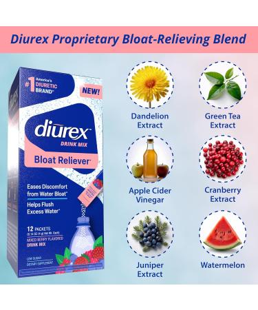 Diurex Drink Mix - Diuretic Supplement - Mixed Berry Flavor - Bloat Relief with Diurex Proprietary Bloat-Relieving Blend - Single Serve - 12 Pack - Buy Online on GoSupps.com