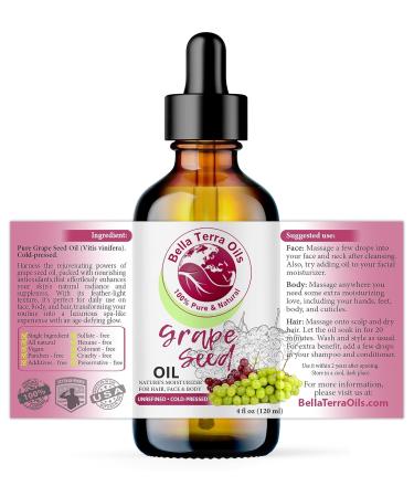 Organic Grape Seed Oil - Bella Terra 4oz | Nourish Skin with Vitamins & Procyanidins - Buy Online on GoSupps.com