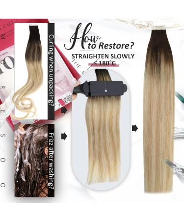 Moresoo Blonde Tape In Extensions 60 cm | Ombre Blond #2/27/613 | Dark Brown to Caramel Blonde Real Hair | 20 Pieces 50g Invisible Tape Extensions - Buy Online on GoSupps.com