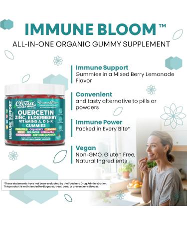 Clean Quercetin Elderberry Immune Support Gummies | Zinc Vitamin K2 D3 A Bromelain Goji Berry Turmeric Sea Moss Echinacea Astragalus Selenium Olive Leaf Immunity Supplement Gummy Vitamins - Buy Online on GoSupps.com