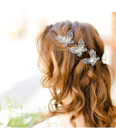 24-Piece Butterfly Crystal Pearl Hair Pin Set | Silver Bridal Hair Clips for Women | Wedding Bride Headwear Accessories - Buy Online on GoSupps.com