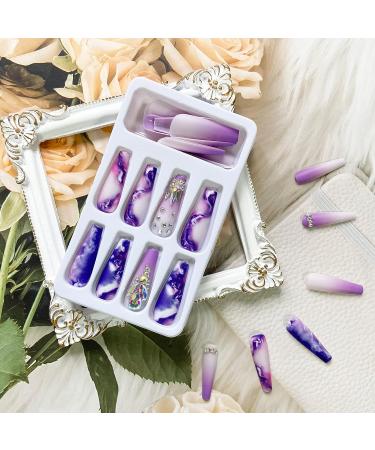 24Pcs Purple Rhinestone Long Coffin Press on Nails - Full Cover Acrylic Matte Artificial Luxury Nails for Women and Girls - Buy Online on GoSupps.com
