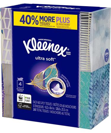 Kleenex Ultra Soft Facial Tissues - 65 Count x 4 packs (260 Total Tissues) - Gentle on Skin - Buy Online on GoSupps.com