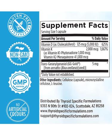 Thyroid Specific Formulations D3/K2 Vitamin Complex with GG | High-Absorption Vitamin D3 5000 IU + Vitamin K2 MK-4 + MK-7 | Supports Bone Strength Heart Health and Immune Balance | 60 Capsules - Buy Online on GoSupps.com