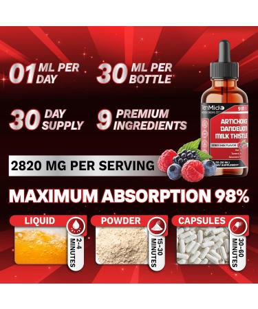 Tenmido Artichoke Extract Liquid Drops - 9in1 Herbal Supplements Liquid with Zinc Dandelion Milk Thistle Turmeric Resveratrol Pomegranate Ginger and Black Pepper - 30ml 1Fl Oz - Buy Online on GoSupps.com