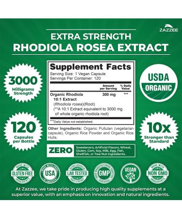 Zazzee USDA Organic Rhodiola 10:1 Exract 3000 mg Strength 120 Capsules 4 Month Supply Standardized and Concentrated 10X Extract 100% Vegetarian Extra Strength All-Natural and Non-GMO - Buy Online on GoSupps.com