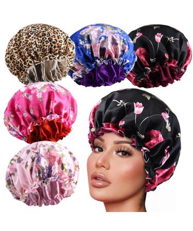 5pcs Drawstring Large Satin Bonnet for Black Women, Double Layer Reversible Silk Hair Cap for Curly Hair Braids,B B-floral/ Leopard Print