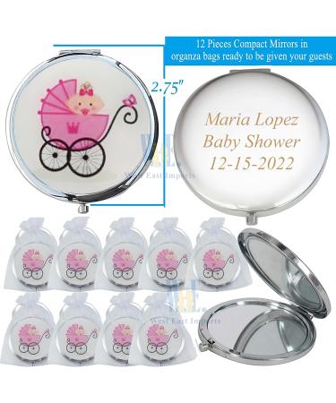 Personalized Baby Girl Shower Compact Mirror Favors - Set of 12 Pink Makeup Purse Mirrors with Organza Bag - Buy Online on GoSupps.com