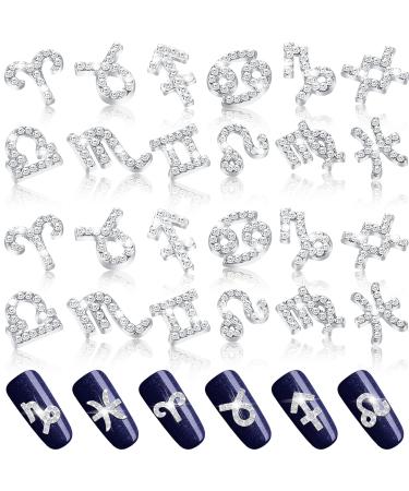 24 Pieces Zodiac Nail Charms 3d Nail Art Charms Rhinestone Zodiac Nail Charms DIY Pendant for Jewelry Making Nail Decorations Necklaces Supplies Silver