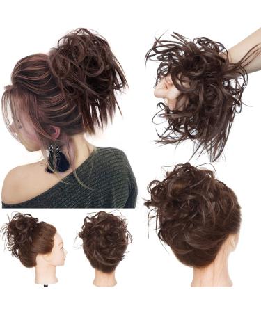 Tousled Updo Messy Bun Hair Piece Scrunchies Hair Synthetic Wavy Bun Extensions Fluffy Updo Scrunchy Chignon with Elastic Rubber Band Wrap on Donut Ponytail Hairpieces Medium Brown