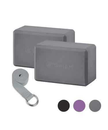 Gaiam Essentials Yoga Block 2 Pack & Yoga Strap Set, Grey