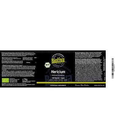 Organic Hedgehog Hydne 150 Capsules - Yamabushitake - Hericium erinaceus - Vegan - Packaged and Certified in Germany - Vegan HPMC Capsules - Biotiva - Buy Online on GoSupps.com