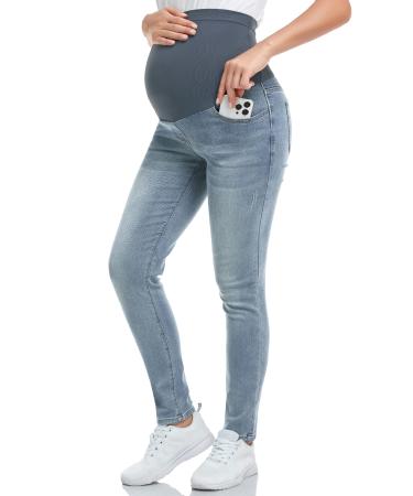 PACBREEZE Women's Maternity Jeans Over The Belly Slim Stretchy High Waist Denim Skinny Pants with Pockets 02: Light Blue XL