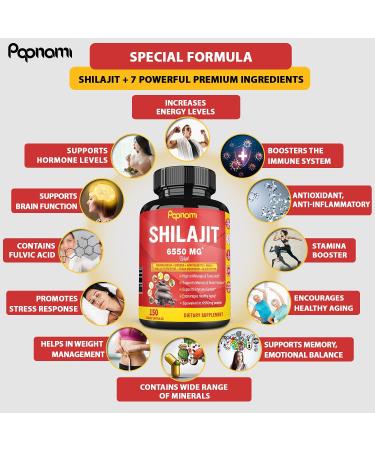 Shilajit Extract Capsules 6550mg + Ashwagandha, Ginseng, Saw Palmetto, Maca, Tribulus, Chaga, Pepper | 5 Month Supply | Immune & Brain Boost - Buy Online on GoSupps.com