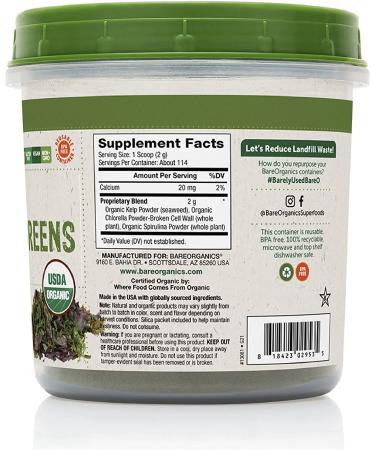 BareOrganics Marine Super Greens Powder | USDA Organic, Gluten-Free, Vegan, Non-GMO | Kelp, Chlorella, Spirulina | 8oz Blend Powder - Buy Online on GoSupps.com