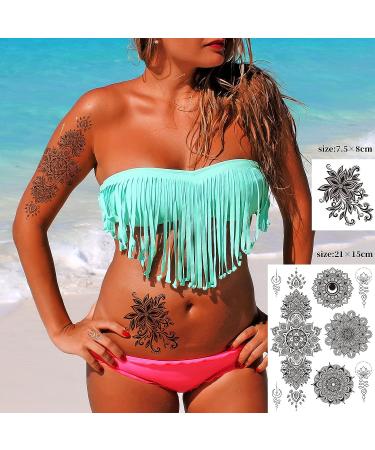 32 Sheets Black Henna Temporary Tattoos for Women - Feather Mandala Flower Body Art | Large Arm Sheet with Lace Mehndi Design - Buy Online on GoSupps.com