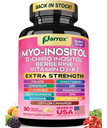 Myo Inositol Supplement D-Chiro Inositol Folate DIM Vitamin D3 B12 K2 Chromium Bioperine Ceylon Cinnamon Zinc Ashwagandha Chasteberry Magnesium Berberine (90 Vegan Capsules) 90 Count (Pack of 1)