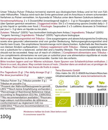 Organic Tribulus Powder | Terra Elements 100g | Pure Vegan Tribulus Terrestris | Raw Food Supplement - Buy Online on GoSupps.com