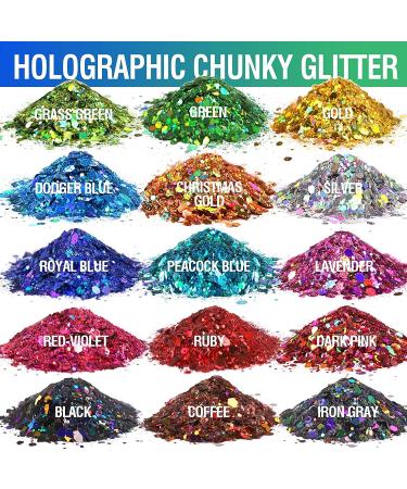 Leobro 15 Colors Chunky Glitter Set - 150g Holographic Glitter Powder for Epoxy Resin Nail Art & Decoration with 10 Mixing Spoons - Buy Online on GoSupps.com