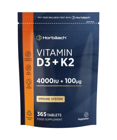 Vitamin D3 K2 High Strength Tablets | 365 Count | Vitamin D3 4000iu and Vitamin K2 MK7 100ug | Immune and Bone Support | Vegetarian | by Horbaach