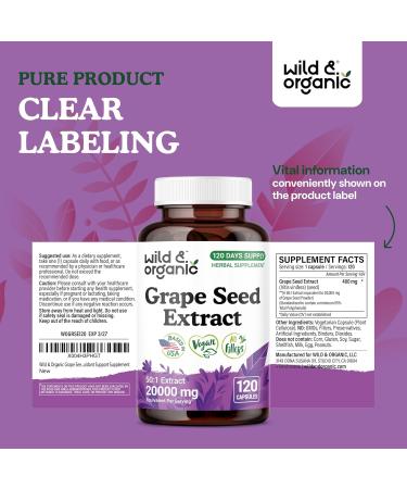 Wild & Organic Grape Seed Extract Capsules - 20 000 mg Strength Grapeseed Extract Equivalent - 95% Polyphenols - 400 mg per Serving - 120 Vegan Capsules - 4 Month Supply - Non-GMO 120 Count (Pack of 1) - Buy Online on GoSupps.com