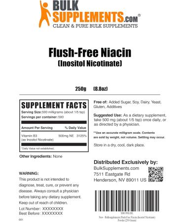 Flush Free Niacin Powder 500mg - Vitamin B3 Inositol Nicotinate Supplement 250g Pack - BULKSUPPLEMENTS.COM - Buy Online on GoSupps.com