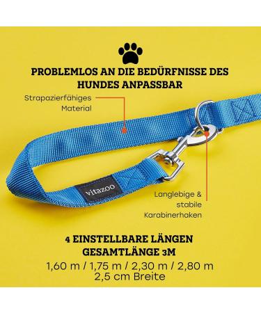 Vitazoo Adjustable Dog Leash - 3m Graphite Nylon with Carabiners for All Dog Sizes - 4 Lengths in Blue - Buy Online on GoSupps.com