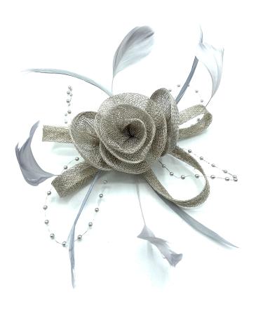 Ladies Feather Beaded Beak Clip Fascinator Weddings Races Royal Ascot Hair Piece Silver Grey