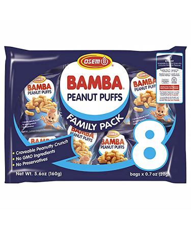 Osem Bamba Peanut Snacks for Babies - All Natural Baby Peanut Puffs Family Pack (Pack of 8 x 0.7oz Bags) - Peanut Butter Puffs made with 50% peanuts.