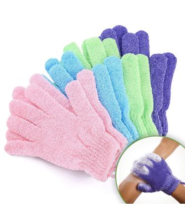Exfoliating Gloves for Men and Women | Spa-Quality Exfoliation Mitts to Remove Dead Skin & Bumps | Textured Body Scrub Bath and Shower Gloves - Colorful 4 Pair Pack - Pink Green Blue & Purple Multi-color